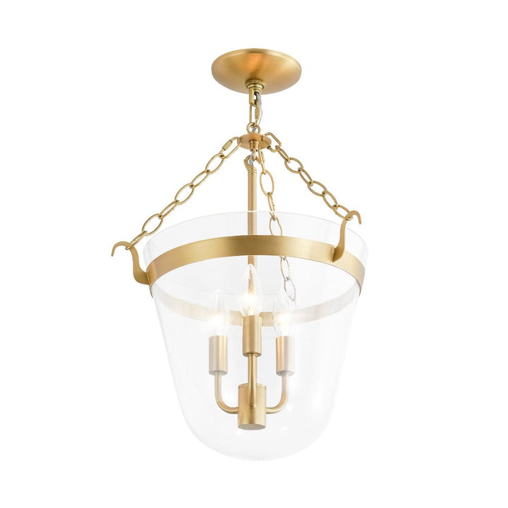 LightFixturesUSA - 3 - Light Clear Glass Bell Jar Lantern Pendant / Semi Flush - Ceiling Light - Brass - 