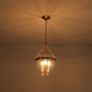 LightFixturesUSA - 3 - Light Clear Glass Bell Jar Lantern Pendant / Semi Flush - Ceiling Light - Brass - 