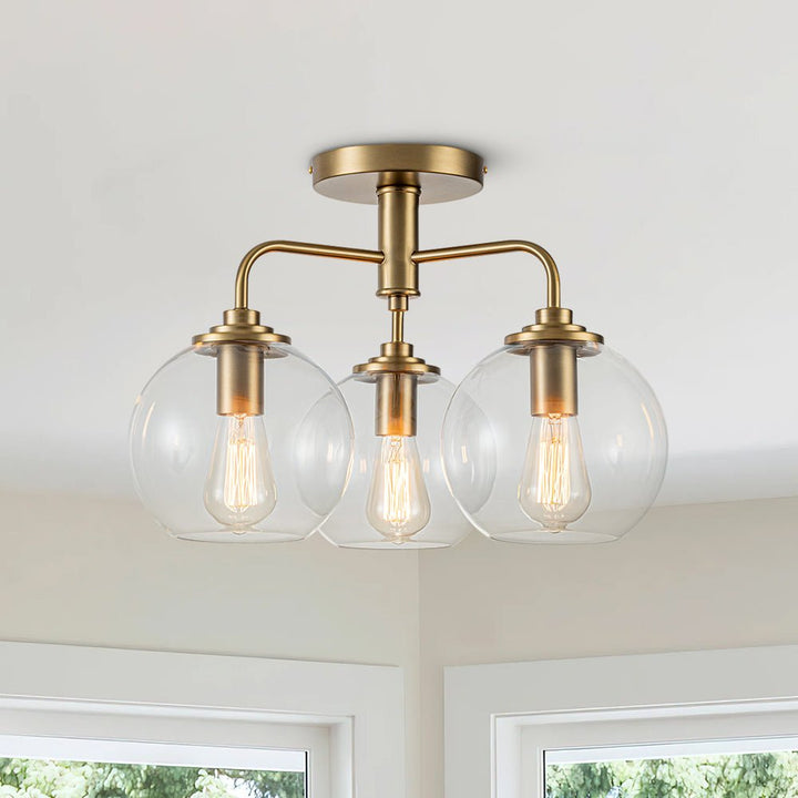 LightFixturesUSA - 3 - Light Clear Glass Globe Semi Flush Mount Light - Ceiling Light - Brass - 