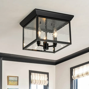 LightFixturesUSA - 3 - Light Clear Seeded Glass Black Square Cage Ceiling Light - Ceiling Light - Black - 