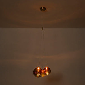 LightFixturesUSA - 3 - Light Cluster Gold Ruby Glass Globe Dimmable LED Pendant - Chandelier - Clear Glass - 