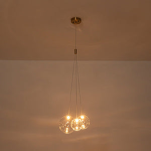 LightFixturesUSA - 3 - Light Cluster Gold Ruby Glass Globe Dimmable LED Pendant - Chandelier - Clear Glass - 