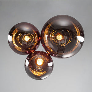 LightFixturesUSA - 3 - Light Cluster Gold Ruby Glass Globe Dimmable LED Pendant - Chandelier - Clear Glass - 