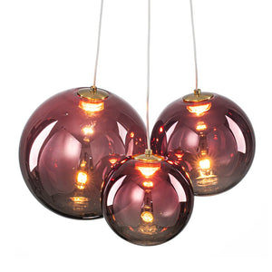 LightFixturesUSA - 3 - Light Cluster Gold Ruby Glass Globe Dimmable LED Pendant - Chandelier - Clear Glass - 