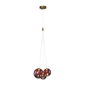 LightFixturesUSA - 3 - Light Cluster Gold Ruby Glass Globe Dimmable LED Pendant - Chandelier - Clear Glass - 