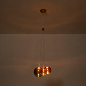 LightFixturesUSA - 3 - Light Cluster Gold Ruby Glass Globe Dimmable LED Pendant - Chandelier - Clear Glass - 