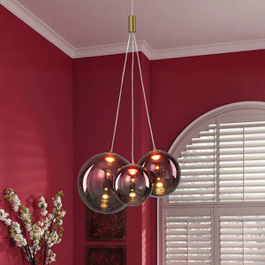 LightFixturesUSA - 3 - Light Cluster Gold Ruby Glass Globe Dimmable LED Pendant - Chandelier - Red Smoked Glass - 