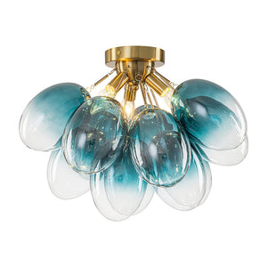 LightFixturesUSA - 3 - Light Cluster Gradient Blue Glass Bubble Semi Flush Mount - Ceiling Light - Brass - 