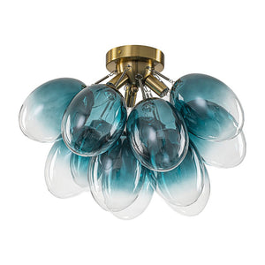 LightFixturesUSA - 3 - Light Cluster Gradient Blue Glass Bubble Semi Flush Mount - Ceiling Light - Brass - 