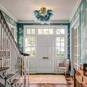 LightFixturesUSA - 3 - Light Cluster Gradient Blue Glass Bubble Semi Flush Mount - Ceiling Light - Brass - 