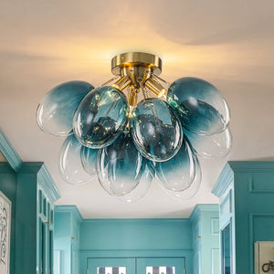 LightFixturesUSA - 3 - Light Cluster Gradient Blue Glass Bubble Semi Flush Mount - Ceiling Light - Brass - 