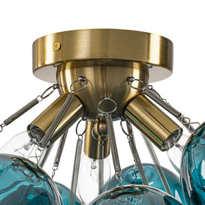 LightFixturesUSA - 3 - Light Cluster Gradient Blue Glass Bubble Semi Flush Mount - Ceiling Light - Brass - 