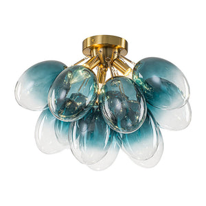 LightFixturesUSA - 3 - Light Cluster Gradient Blue Glass Bubble Semi Flush Mount - Ceiling Light - Brass - 