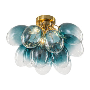 LightFixturesUSA - 3 - Light Cluster Gradient Blue Glass Bubble Semi Flush Mount - Ceiling Light - Brass - 