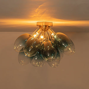 LightFixturesUSA - 3 - Light Cluster Gradient Blue Glass Bubble Semi Flush Mount - Ceiling Light - Brass - 