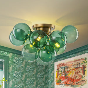 LightFixturesUSA - 3 - Light Cluster Green Tinted Glass Globe Bubble Semi Flush - Ceiling Light - Green Bubble - 