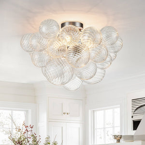 LightFixturesUSA - 3 - Light Cluster Ribbed Glass Bubble Semi Flush Chandelier - Chandelier - Nickel - 3 - Lt