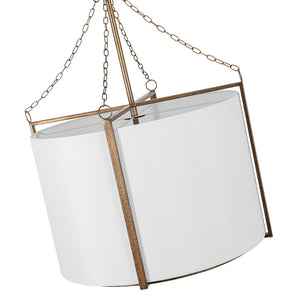 LightFixturesUSA-3-Light Distressed Bronze White Fabric Drum Lantern Pendant-Chandelier-19.7 in-