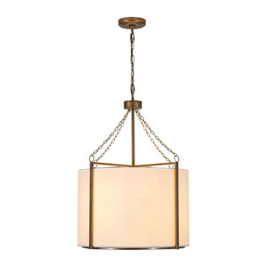 LightFixturesUSA-3-Light Distressed Bronze White Fabric Drum Lantern Pendant-Chandelier-19.7 in-