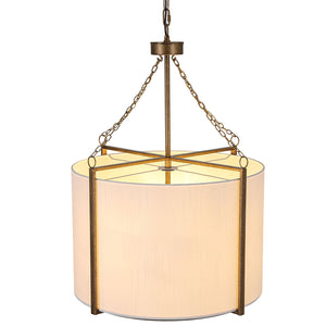LightFixturesUSA-3-Light Distressed Bronze White Fabric Drum Lantern Pendant-Chandelier-19.7 in-