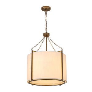 LightFixturesUSA-3-Light Distressed Bronze White Fabric Drum Lantern Pendant-Chandelier-19.7 in-