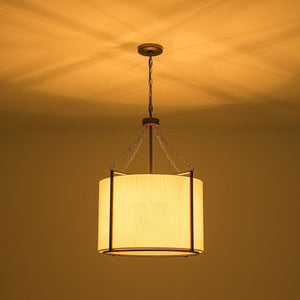 LightFixturesUSA-3-Light Distressed Bronze White Fabric Drum Lantern Pendant-Chandelier-19.7 in-