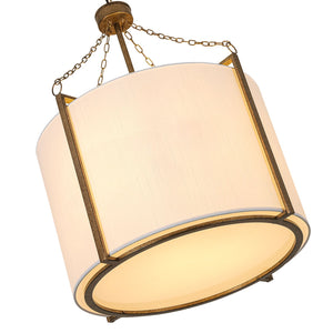LightFixturesUSA-3-Light Distressed Bronze White Fabric Drum Lantern Pendant-Chandelier-19.7 in-