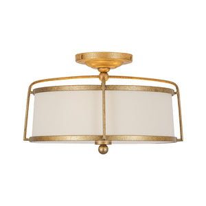 LightFixturesUSA-3-Light Distressed Gold Linen Drum Cage Semi Flush Mount-Ceiling Light-14 in-