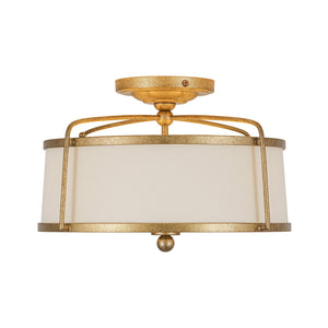 LightFixturesUSA-3-Light Distressed Gold Linen Drum Cage Semi Flush Mount-Ceiling Light-14 in-