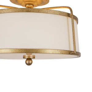 LightFixturesUSA-3-Light Distressed Gold Linen Drum Cage Semi Flush Mount-Ceiling Light-14 in-