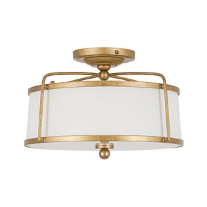 LightFixturesUSA-3-Light Distressed Gold Linen Drum Cage Semi Flush Mount-Ceiling Light-14 in-