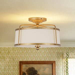 LightFixturesUSA-3-Light Distressed Gold Linen Drum Cage Semi Flush Mount-Ceiling Light-14 in-