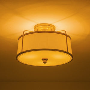 LightFixturesUSA-3-Light Distressed Gold Linen Drum Cage Semi Flush Mount-Ceiling Light-14 in-