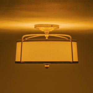 LightFixturesUSA-3-Light Distressed Gold Linen Drum Cage Semi Flush Mount-Ceiling Light-14 in-