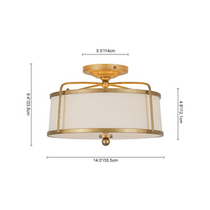 LightFixturesUSA-3-Light Distressed Gold Linen Drum Cage Semi Flush Mount-Ceiling Light-14 in-