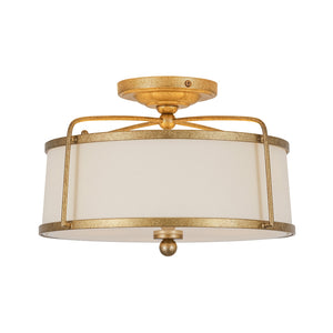 LightFixturesUSA-3-Light Distressed Gold Linen Drum Cage Semi Flush Mount-Ceiling Light-14 in-