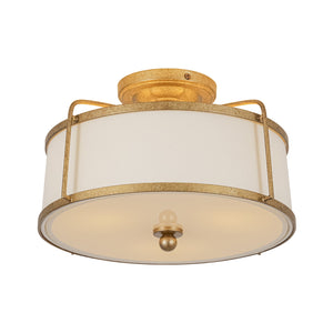 LightFixturesUSA-3-Light Distressed Gold Linen Drum Cage Semi Flush Mount-Ceiling Light-14 in-