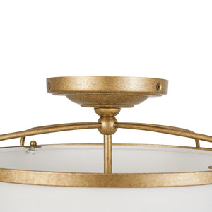 LightFixturesUSA-3-Light Distressed Gold Linen Drum Cage Semi Flush Mount-Ceiling Light-14 in-