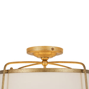 LightFixturesUSA-3-Light Distressed Gold Linen Drum Cage Semi Flush Mount-Ceiling Light-14 in-