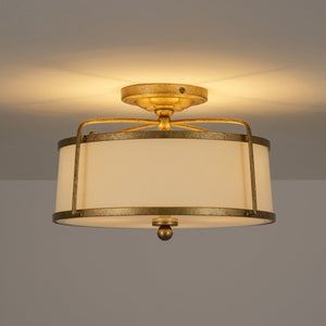 LightFixturesUSA-3-Light Distressed Gold Linen Drum Cage Semi Flush Mount-Ceiling Light-14 in-