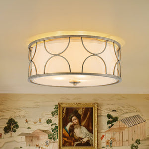LightFixturesUSA-3-Light Distressed Layered Fabric Drum Cage Semi Flush Mount-Ceiling Light-16 in-