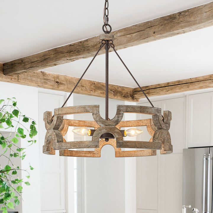 LightFixturesUSA - 3 - Light Farmhouse Open Aged Wood Drum Pendant Light - Chandelier - 3 - Light - 