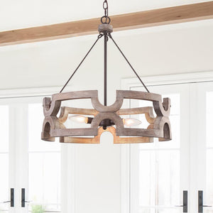 LightFixturesUSA - 3 - Light Farmhouse Open Aged Wood Drum Pendant Light - Chandelier - 3 - Light - 