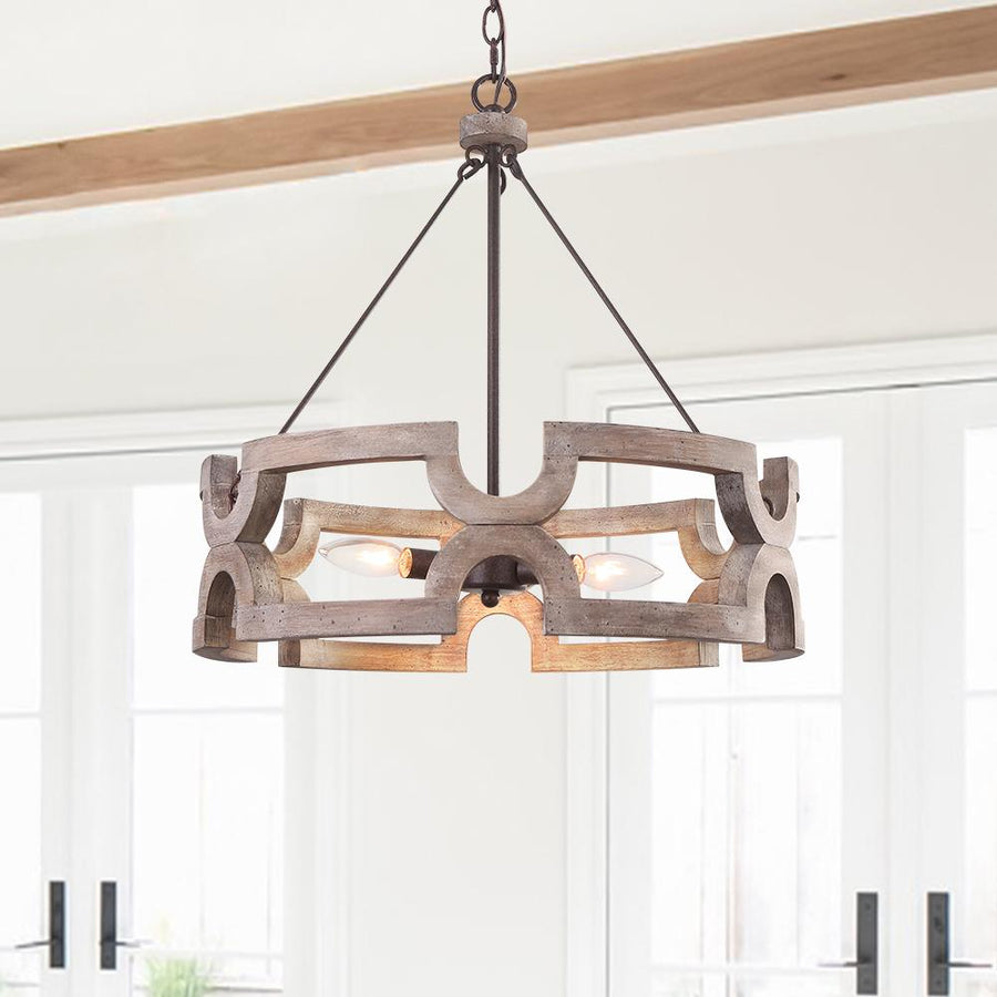 LightFixturesUSA - 3 - Light Farmhouse Open Aged Wood Drum Pendant Light - Chandelier - 3 - Light - 