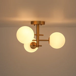 LightFixturesUSA - 3 - Light Frosted Glass Globe Tiered Sputnik Semi Flush Mount - Ceiling Light - Brass - 