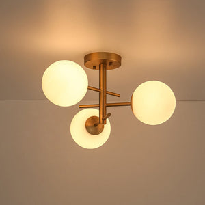 LightFixturesUSA - 3 - Light Frosted Glass Globe Tiered Sputnik Semi Flush Mount - Ceiling Light - Brass - 