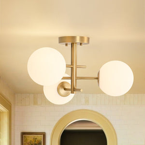 LightFixturesUSA - 3 - Light Frosted Glass Globe Tiered Sputnik Semi Flush Mount - Ceiling Light - Brass - 