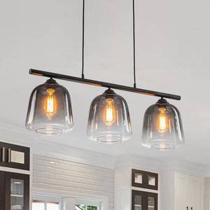 LightFixturesUSA - 3 - Light Gradual Smoked Glass Shade Linear Island Pendant - Chandelier - Black - 
