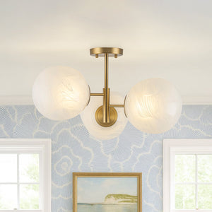 LightFixturesUSA-3-Light Opal Swirl Glass Globe Tiered Sputnik Semi Flush Mount-Chandelier-Brass-