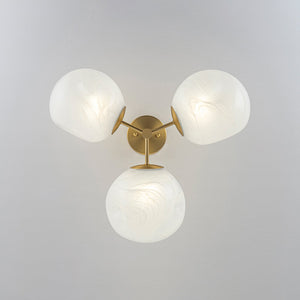 LightFixturesUSA-3-Light Opal Swirl Glass Globe Tiered Sputnik Semi Flush Mount-Chandelier-Brass-